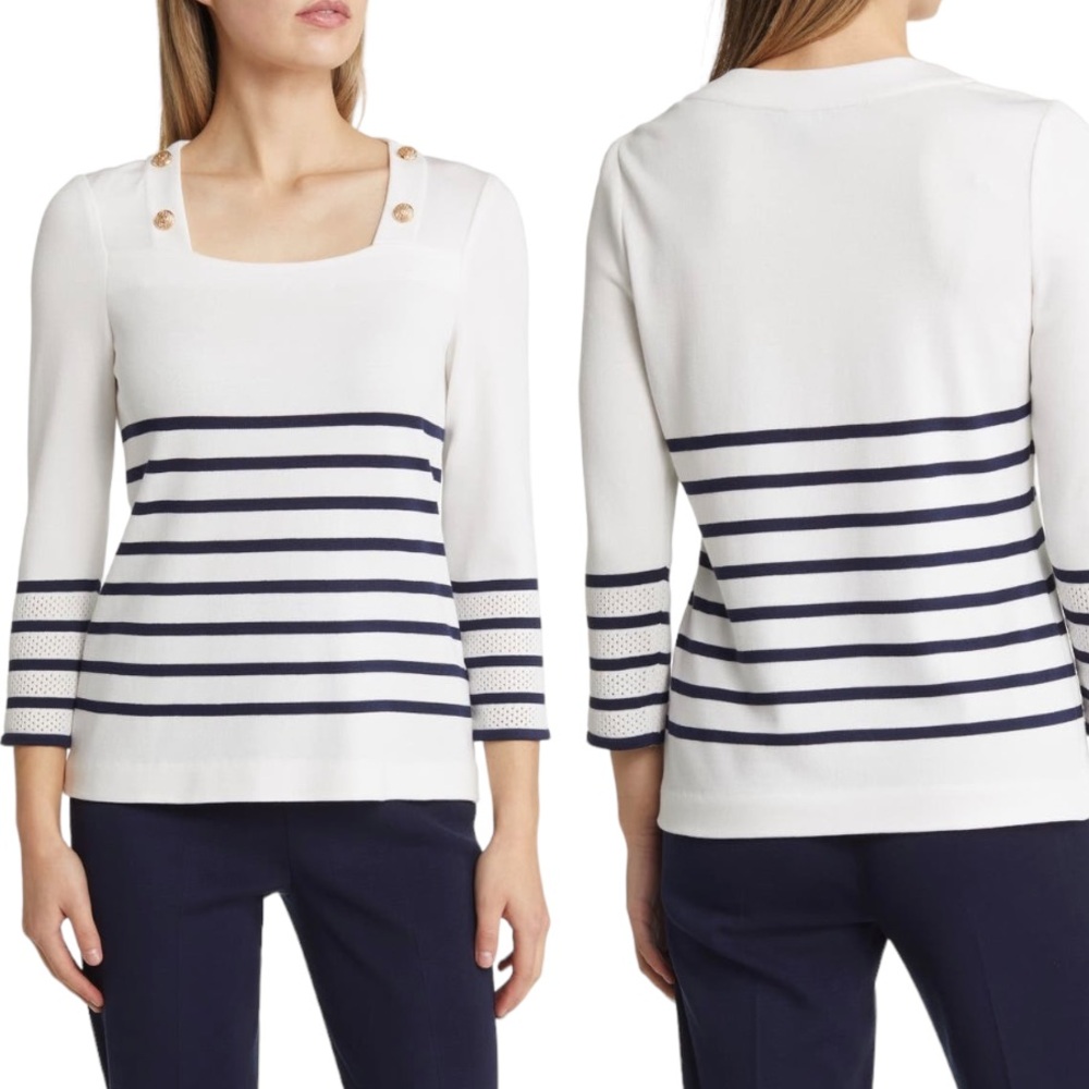 Ming Wang Nautical navy and white Striped top
